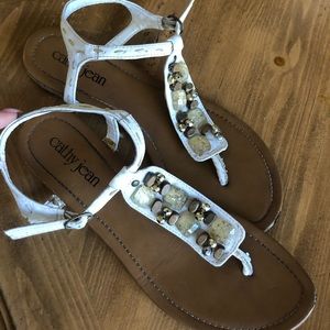 White Cathy Jean Sandals with Gold Stones